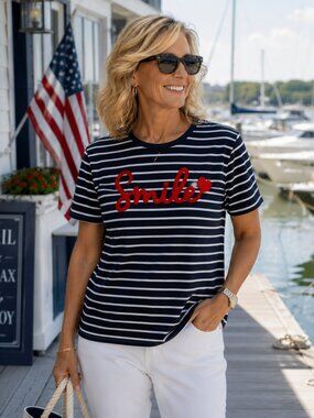SHEIN Women's Medium Navy & White Striped "Smile" Graphic French Inspired Tee